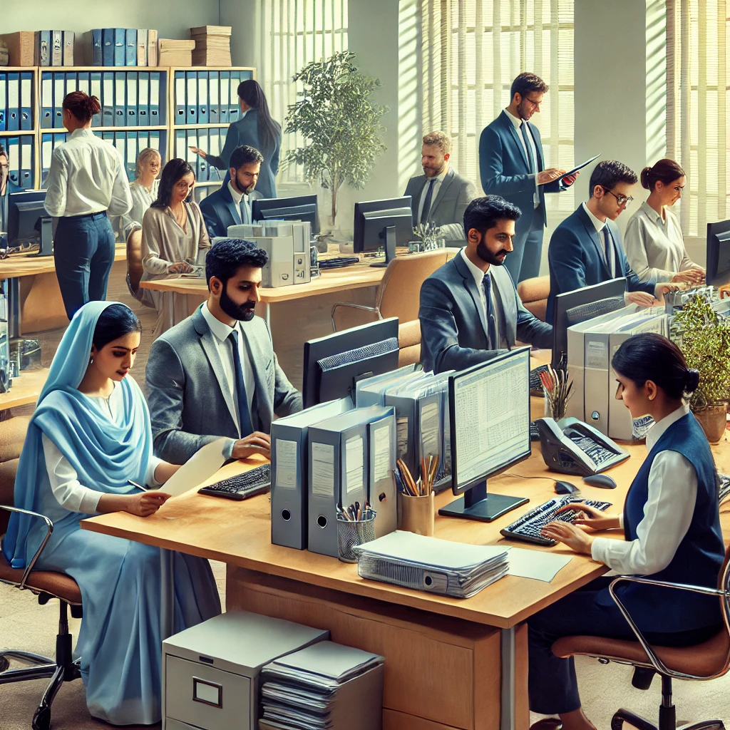 DALL·E 2024-11-26 13.38.49 - A group of Indian non-teaching staff working in an office environment. The staff members are engaged in various administrative tasks such as typing on